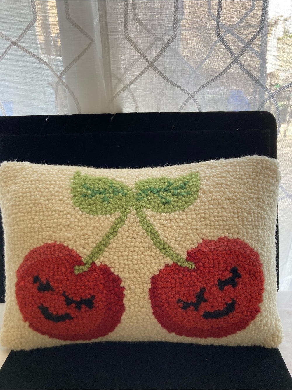 Latch, hook, Cream Cherry Accent Pillow with Red Cherries and Green Leaves